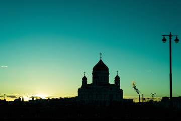Sunset over the Moscow River And Orthodox Cathedral of Christ the Saviour in Russia