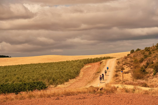 People walking on path against cloudy sky