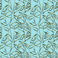 Watercolor reeds seamless pattern, hand painted on a blue background