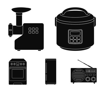 Multivarka, refrigerator, meat grinder, gas stove.Household set collection icons in black style vector symbol stock illustration web.