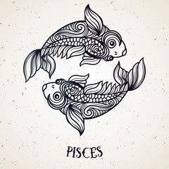 Beautiful line art filigree zodiac symbol. Black sign on vintage background.Elegant jewelry tattoo.Engraved horoscope symbol.Doodle mystic drawing with calligraphy lettering.Pisces