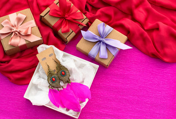 Festive packaging gift boxes Decorated with satin ribbon bow.