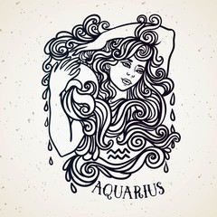 Beautiful line art filigree zodiac symbol. Black sign on vintage background.Elegant jewelry tattoo.Engraved horoscope symbol.Doodle mystic drawing with calligraphy lettering.Aquarius