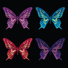 Obraz na płótnie Canvas Set collection of butterflies isolated on black background. Vector illustration. Embroidery elements for patches, badges, stickers, greeting cards, patterns