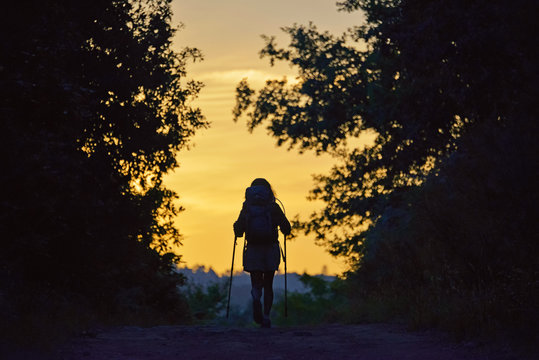 young girl walking at surnrise along the Way of St. James few kilometers from Santiago, Santiago de Compostela, Galicia, Spain