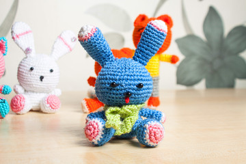 knitted toy cat, bear, rabbit, hare, handmade