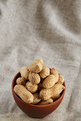 Unpeeled peanuts in ceramic bowl closeup, selective focus, vertical