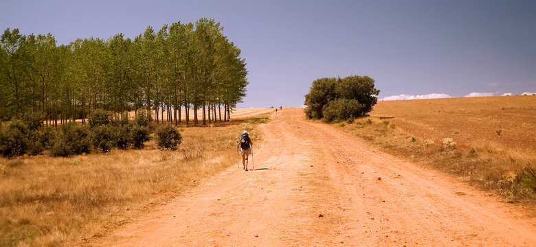 Pilgrim at the Way of St.  James, Camino de Santiago to Compostela, Paramo de Leon, Leon, Spain