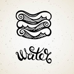 Beautiful line art filigree zodiac symbol of element. Black sign on vintage background.Elegant jewelry tattoo.Engraved horoscope symbol.Doodle mystic drawing with calligraphy lettering.Water