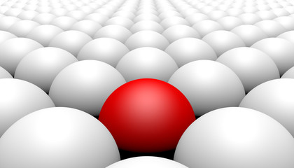 Red ball amongst white balls, concept of diversity, 3d illustration