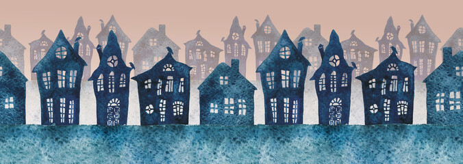 Seamless watercolor illustration of a foggy street in the night with old houses with pipes and birds on the roofs. © Juliautumn