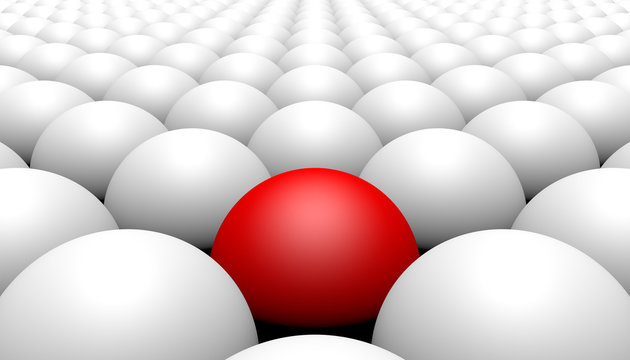Red ball amongst white balls, concept of diversity, 3d illustration