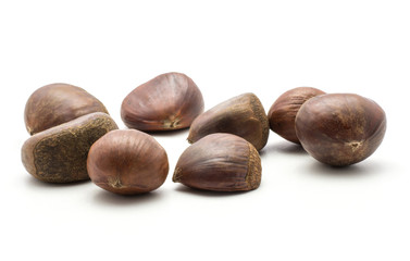 European chestnuts Spanish edible isolated on white background raw fresh brown nuts.