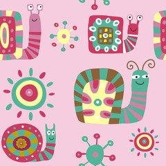 Cute children's pattern with decorative snails on a pink background
