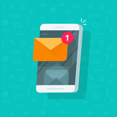 New email notification on mobile phone vector illustration, flat cartoon smartphone screen with new unread e-mail message and read mail envelope icon, cellphone inbox concept clipart