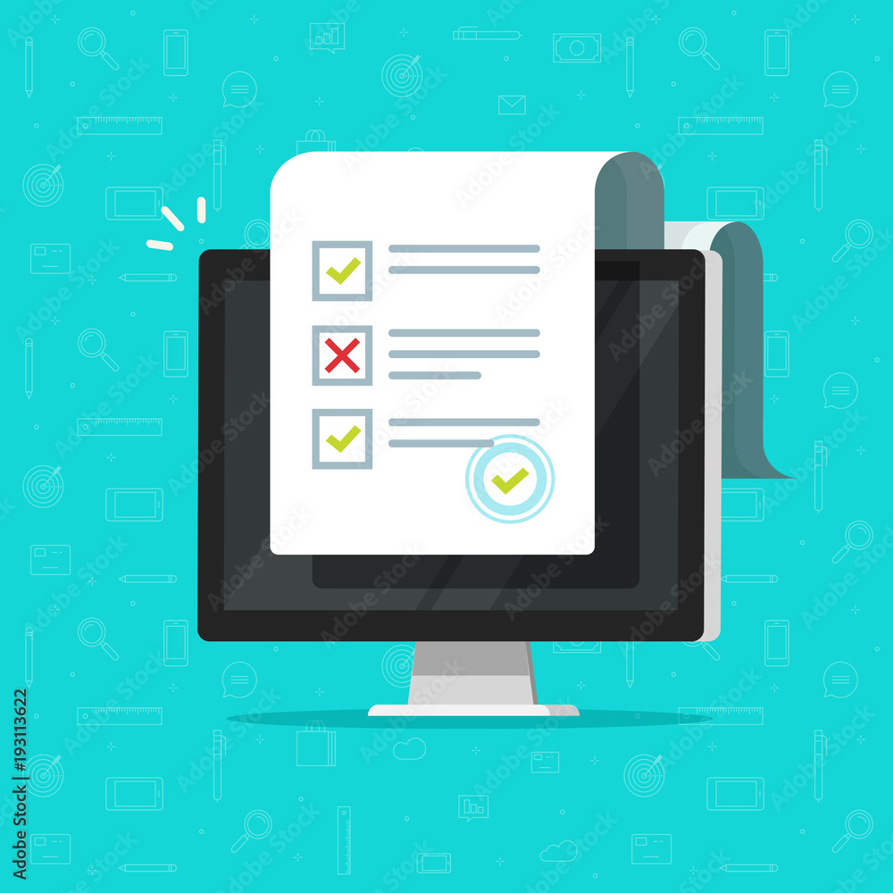 Poster online form survey on computer vector illustration, flat cartoon desktop pc showing long quiz exam p
