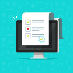 Online form survey on computer vector illustration, flat cartoon desktop pc showing long quiz exam paper sheet document icon, on-line questionnaire results, check list or internet test