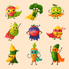 Superhero fruits vector fruity cartoon character of super hero expression vegetables with funny apple banana or pepper in mask illustration fruitful vegetarian diet set isolated on white background