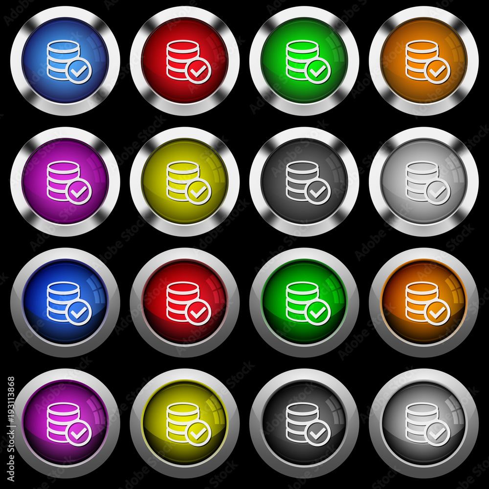 Poster database ok white icons in round glossy buttons on black background