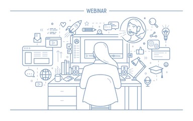Woman sitting at computer surrounded by web symbols and watching webinar or online lecture, back view. Girl listening to internet lesson drawn with lines on white background. Vector illustration.