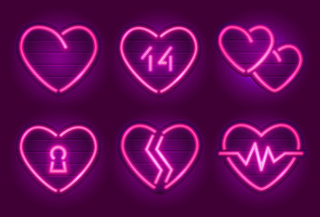 Set of neon heart signs. Happy Valentine's Day decoration elements. Neon signs on a signboards. Eps10 vector