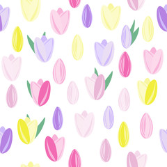 Seamless pattern of tulip buds. Simple vector illustration of yellow, pink, purple flowers on white background..