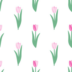 Vector seamless pattern of pink tulips. Floral pattern simple style. Vector illustration.