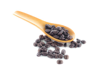 coffee bean in wood spoon on white background