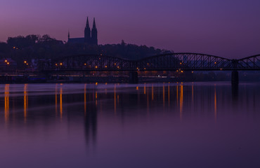 Prague, Czech Republic. Vltava river and old town before sunrise. 