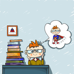 cute boy red hair dreams and smile behind a pile of books, coloured drawing hand paint, little dreamer, superhero, positive emotion, school day