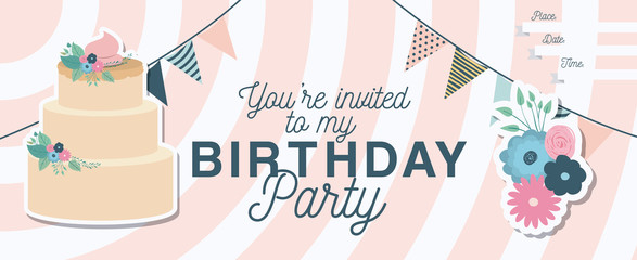 happy birthday party invitation with floral decoration and cake vector illustration design