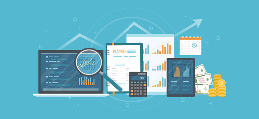 Concept of accounting, analysis, audit, calculation. Auditing tax process. Business background. Laptop with graphics, charts, documents, planner, calendar, magnifying glass, calculator, money. Vector