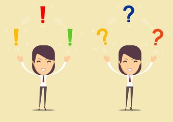 Beautiful young lady thinking with exclamation and question marks overhead. Stock flat vector illustration.