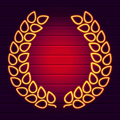 Glowing laurel wreath. Neon banner on the wall. Branches separated from each other. Eps10 vector