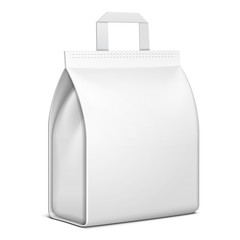 Blank Stand Up Pouch Snack Sachet Bag With Handle. Foil Or Paper Food Packaging. Illustration Isolated On White Background. Mock Up, Mockup Template Ready For Your Design. Vector EPS10