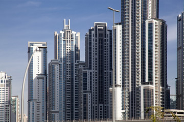 Fototapeta na wymiar DUBAI,UNITED ARAB EMIRATES-FEBRUARY, 2018:View on modern skyscrapers in Dubai, the fastest growing city in the world.
