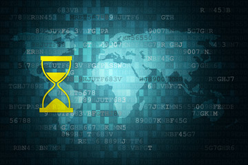 Hourglass icon on blue digital background with world map. Time concept. copy space