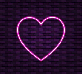 Neon heart on brick wall background, shining VECTOR frame template.