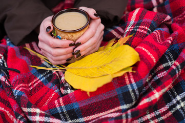 Hot coffee and red book with autumn leaves in park - seasonal relax concept