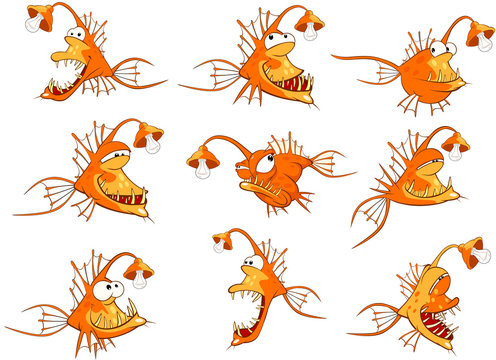 Monk Fish Set . Deep-water Fish. Cartoon Character 