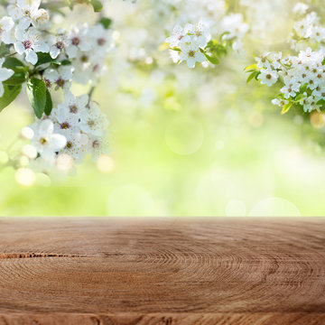 Cherry blossoms in garden with wooden table