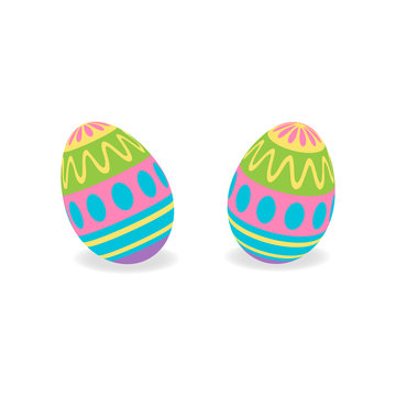Colorful painted traditional easter eggs, vector graphic illustration. Set of two 3D easter egg objects with shadow, isolated.