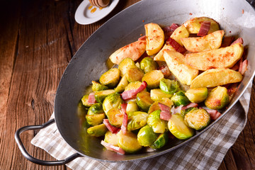 Brussels Sprouts with ham ,honey and roasted potatoes