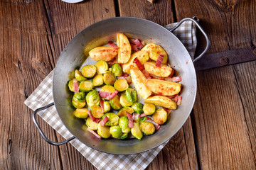 Brussels Sprouts with ham ,honey and roasted potatoes