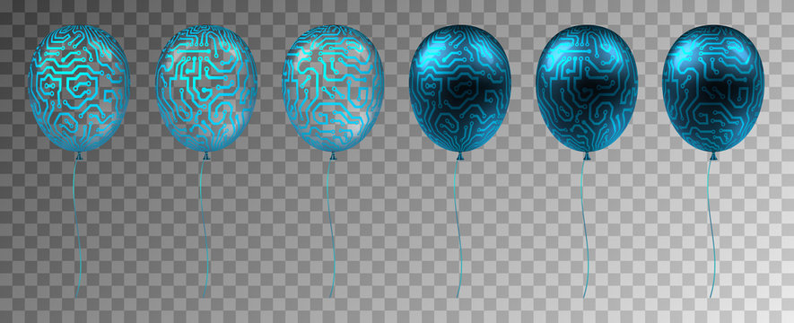 Transparent balloons with circuit texture. Opaque balloons on a transparent background. Cyber monday decorative elements. Eps10 vector
