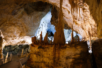 Stalactites and stalagmites in the cave of the Grotte di Frasassi, Marche, Italy.