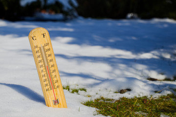 thermometer in melting snow, spring is coming