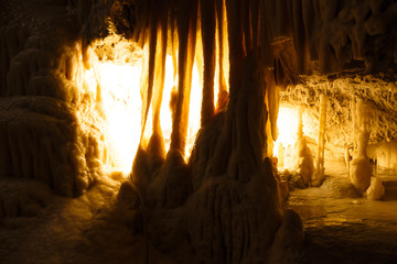 Formation of stalagmites and stalactites in the caves
