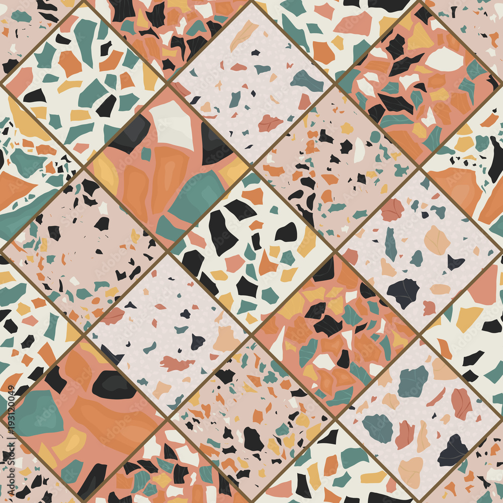 Poster seamless terrazzo pattern. hand crafted and unique pattern repeating background. granite textured sh