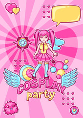 Japanese anime cosplay party invitation. Cute kawaii characters and items